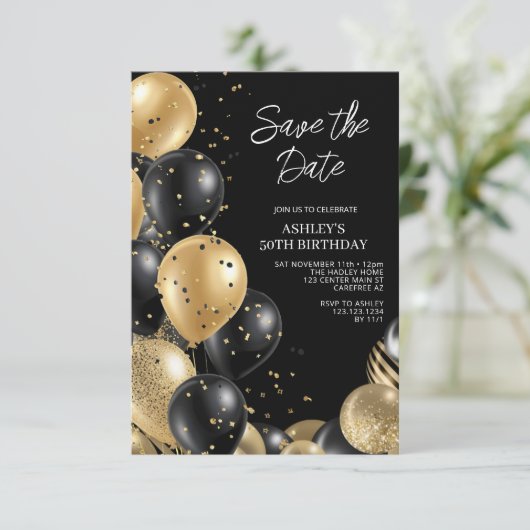 Bewaar de datum Gold Black 50th Birthday Kaart (Staand voorkant)