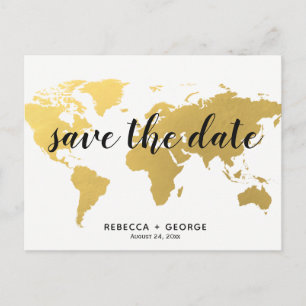 Bewaar de datum Gold wereldkaart Destination Weddi Aankondigingskaart