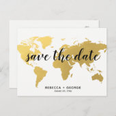 Bewaar de datum Gold wereldkaart Destination Weddi Aankondigingskaart (Voorkant / Achterkant)