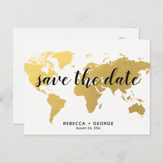 Bewaar de datum Gold wereldkaart Destination Weddi Aankondigingskaart (Voorkant / Achterkant)