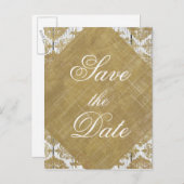 Bewaar de datum gouden damast en hout aankondigingskaart (Voorkant / Achterkant)