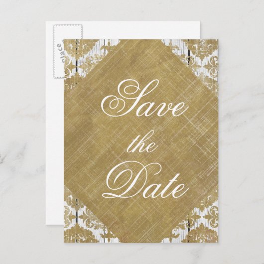 Bewaar de datum gouden damast en hout aankondigingskaart (Voorkant / Achterkant)