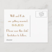 Bewaar de datum gouden damast en hout aankondigingskaart (Achterkant)