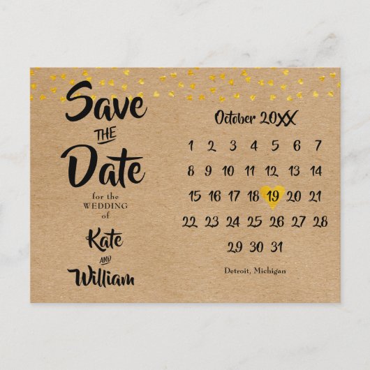 Bewaar de datum gouden hart kalender rustieke boho aankondigingskaart (Voorkant)