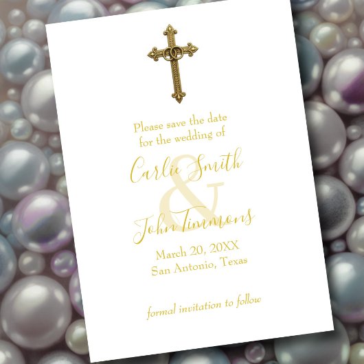 Bewaar de datum gouden kruis met trouwringen 4 save the date