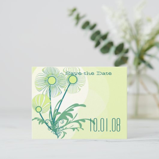 Bewaar de datum Gouden Lime Groene Bloemen Bruilof Aankondigingskaart (Staand voorkant)