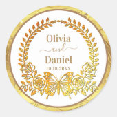 Bewaar de datum, gouden vlinder en bloem ronde sticker (Voorkant)