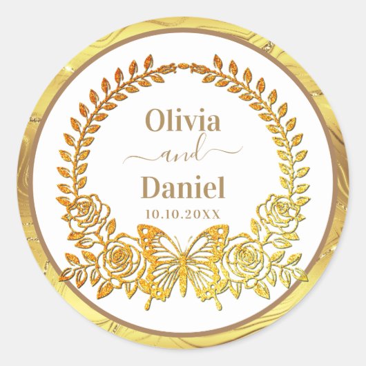 Bewaar de datum, gouden vlinder en bloem ronde sticker (Voorkant)