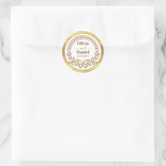 Bewaar de datum, gouden vlinders en harten ronde sticker (Tas)