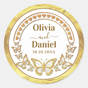 Bewaar de datum, gouden vlinders en harten ronde sticker