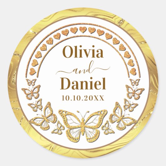 Bewaar de datum, gouden vlinders en harten ronde sticker (Voorkant)