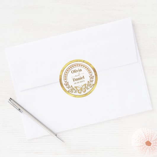 Bewaar de datum, gouden vlinders en harten ronde sticker (Envelop)