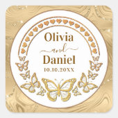 Bewaar de datum, gouden vlinders en harten vierkante sticker (Voorkant)