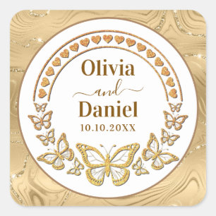 Bewaar de datum, Gouden Vlinders en Harten Vierkante Sticker