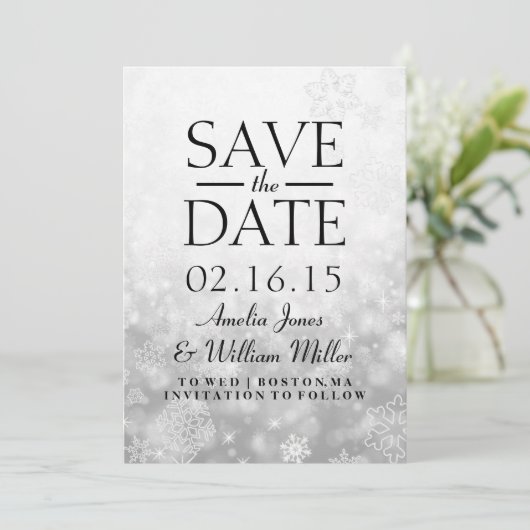 Bewaar de datum Grey Sparkle Snowflake Save The Date (Staand voorkant)