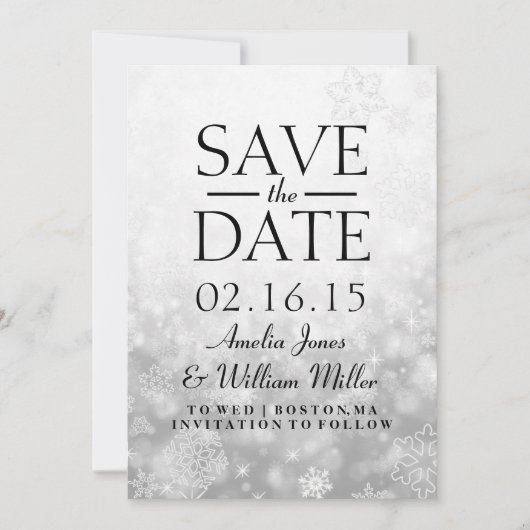 Bewaar de datum grijs glinsterende sneeuwvlok save the date (Voorkant)