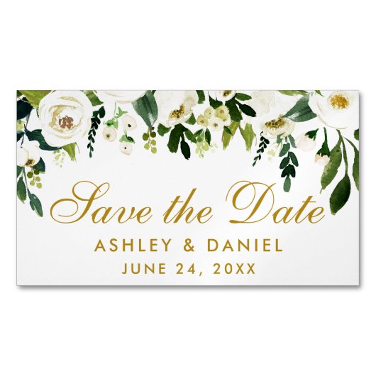 Bewaar de datum Groene Witte Bloemen Mini Magneet (Voorkant)