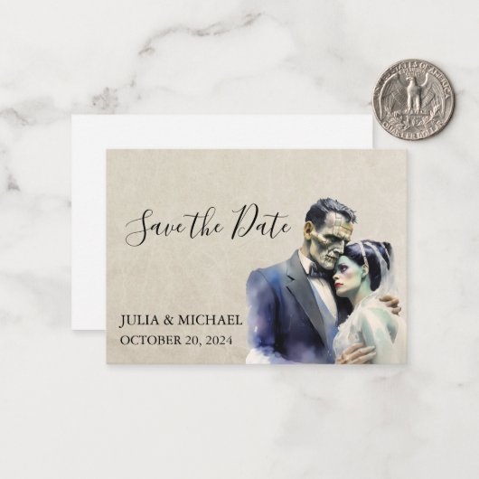 Bewaar de datum Halloween Frankenstein Bride Notitiekaartje (Voorkant / Achterkant in situ)