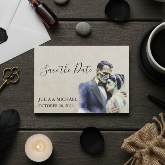 Bewaar de datum Halloween Frankenstein Bruid Notitiekaartje