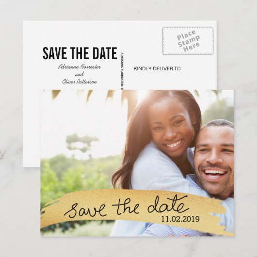 Bewaar de datum Handgeschreven Faux Gold Fotobehan Aankondigingskaart (Voorkant / Achterkant)