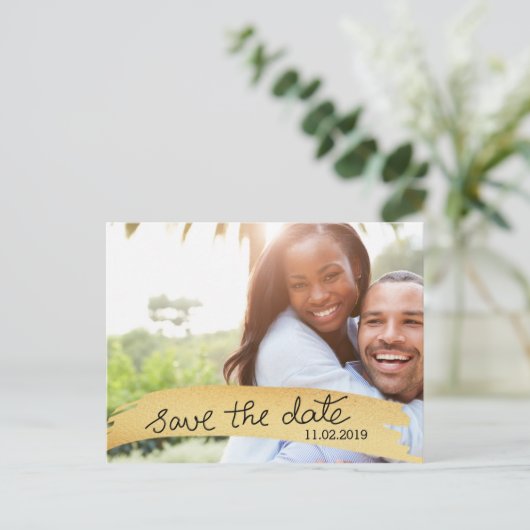 Bewaar de datum Handgeschreven Faux Gold Fotobehan Aankondigingskaart (Staand voorkant)