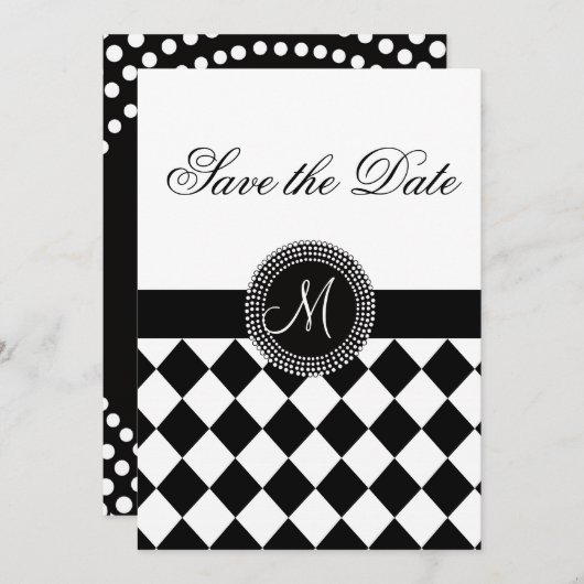 Bewaar de datum Harlekijnpatroon en monogram Save The Date (Voorkant / Achterkant)