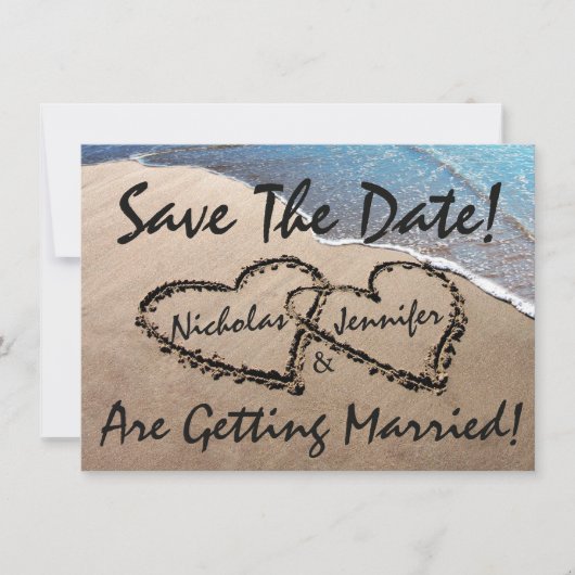 Bewaar de datum Hartjes Zand Strand Trouw Uitnodig Save The Date (Voorkant)
