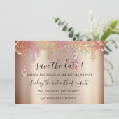 Bewaar de datum holografische druppels roze blos save the date (Staand voorkant)