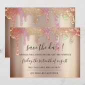 Bewaar de datum holografische druppels roze blos save the date (Voorkant / Achterkant)