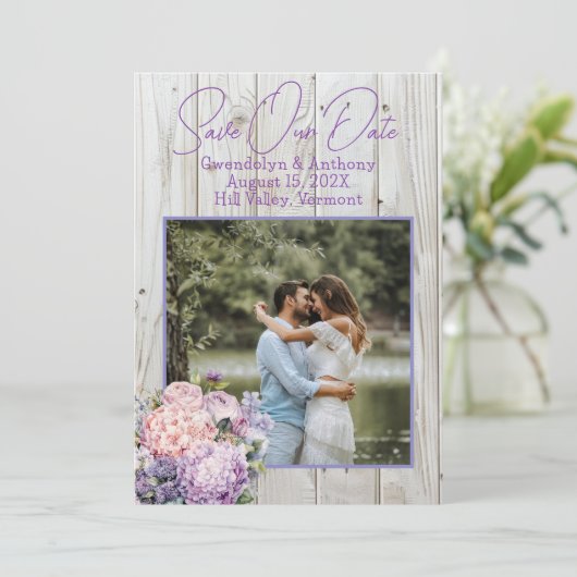 Bewaar de datum Hout en bloemen Fotoaankondiging Kaart (Staand voorkant)