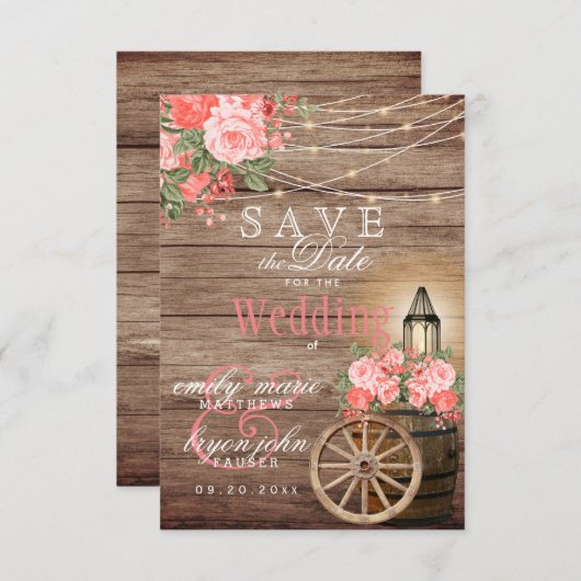 Bewaar de datum Houten vat, slingerlichtjes - Kora Save The Date (Voorkant / Achterkant)