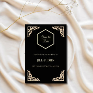 Bewaar de datum Huwelijk Zwart Goud Zeshoek Art De Save The Date