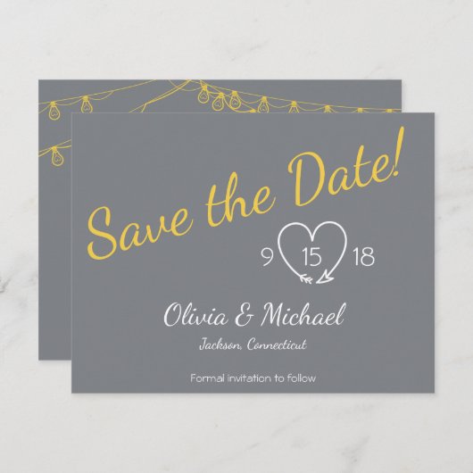 Bewaar de datum in geel en grijs save the date (Voorkant / Achterkant)