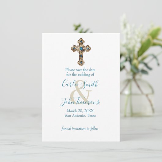 Bewaar de datum  Jeweled Gold Cross Blue Foto Save The Date (Staand voorkant)