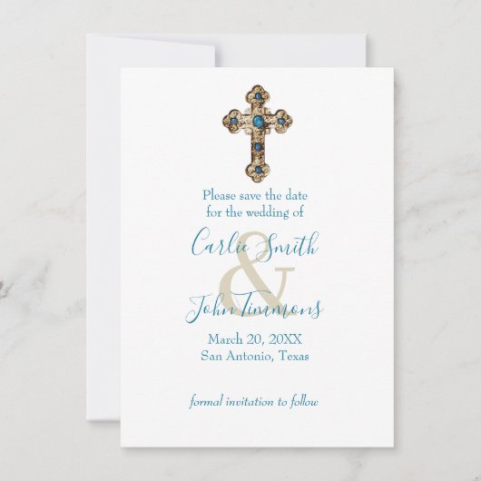 Bewaar de datum  Jeweled Gold Cross Blue Foto Save The Date (Voorkant)