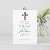 Bewaar de datum  Jeweled Gold Cross Blue Save The Date (Staand voorkant)