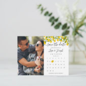 Bewaar de datum kalender citroenen bloesem foto aankondigingskaart (Staand voorkant)