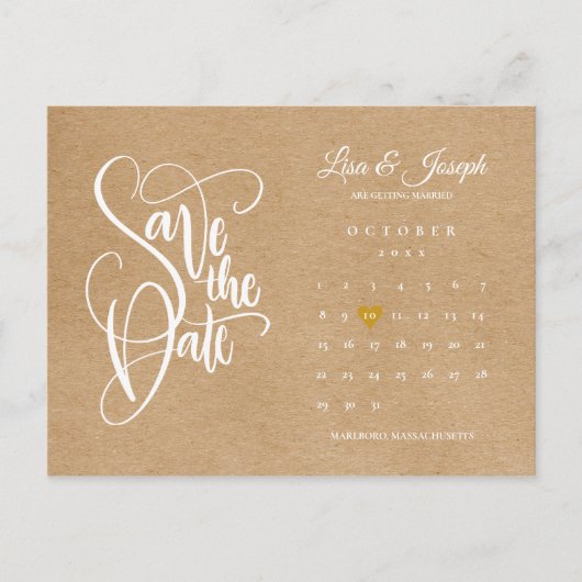 Bewaar de datum kalender gouden hart rustieke kraf briefkaart (Voorkant)