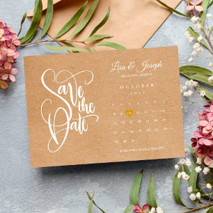Bewaar de datum kalender gouden hart rustieke kraf briefkaart