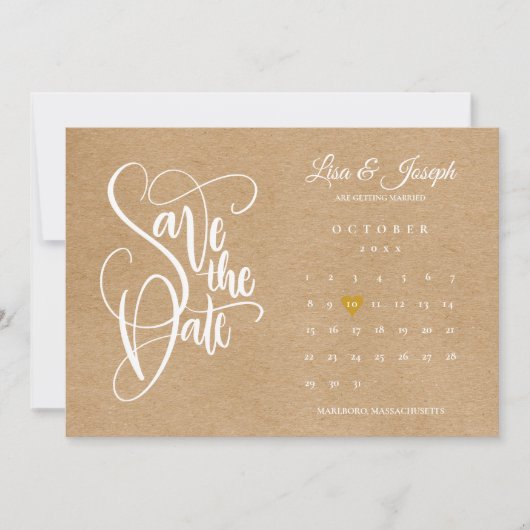 Bewaar de datum kalender gouden hart rustieke kraf kaart (Voorkant)
