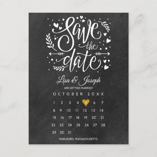 Bewaar de datum kalender gouden hart schoolbord briefkaart (Voorkant)