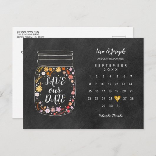 Bewaar de datum kalender hart metson jar krijtbord aankondigingskaart (Voorkant / Achterkant)