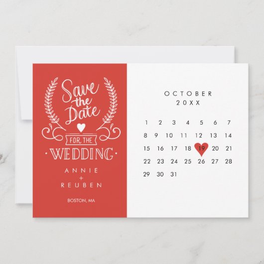 Bewaar de datum kalender rode liefdeshart kaart (Voorkant)