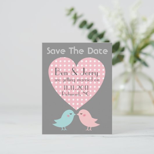 Bewaar de datum Kissing Pop Birds Briefkaart (Staand voorkant)