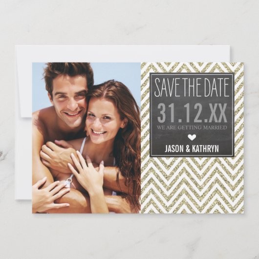 BEWAAR DE DATUM krijtbord chevron glitters oud gou Save The Date (Voorkant)