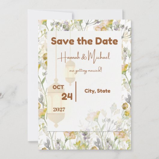 Bewaar de datum landelijk bloemmotief save the date (Voorkant)