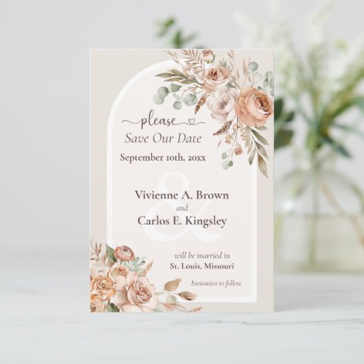 Bewaar de datum Licht Aarde Toon Boho Floral Foto (Staand voorkant)