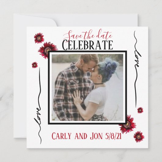 Bewaar de datum, liefde en rode bloemen kaart (Voorkant)