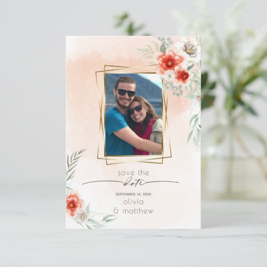 Bewaar de datum  Lijstje met waterverf koraalbloem Kaart (Staand voorkant)