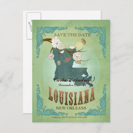 Bewaar de datum - Louisiana kaart met mooie vogels (Voorkant / Achterkant)